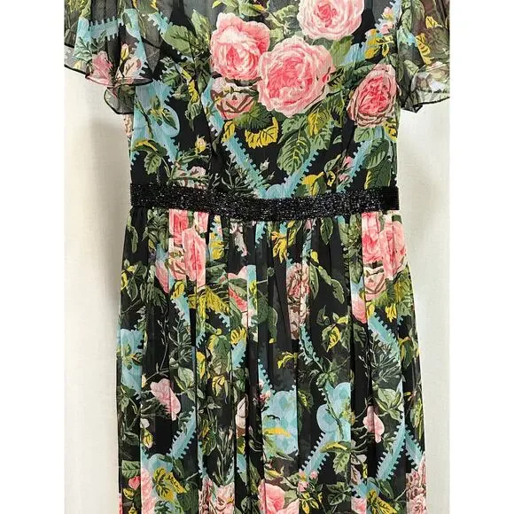 Mac Duggal Multicolor Floral Illusion Cap Sleeve Midi Dress 6 NWT #9149 Chiffon - Picture 6 of 16